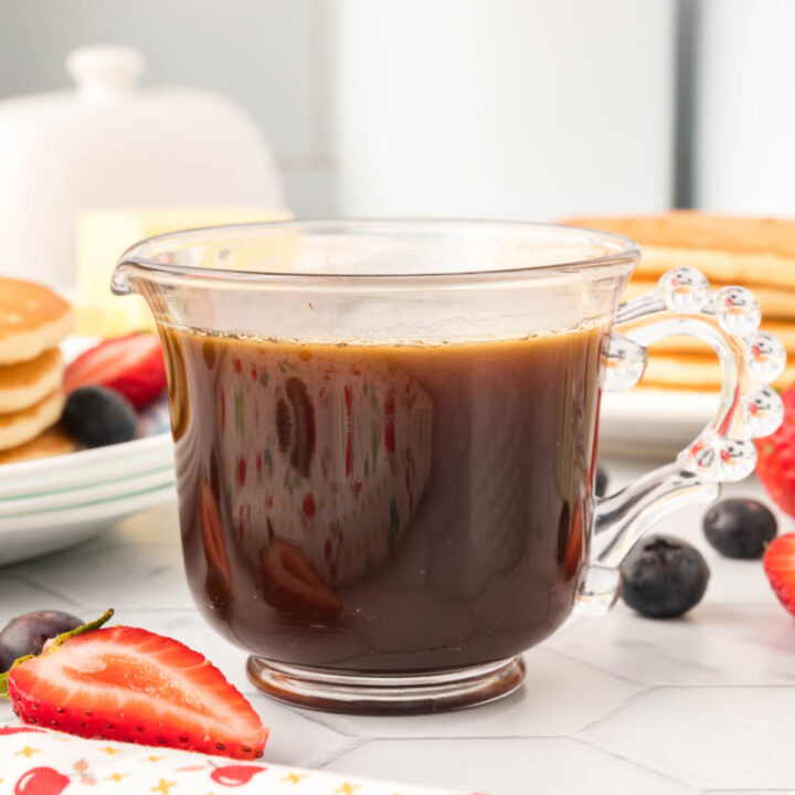 homemade vanilla pancake syrup in glass container