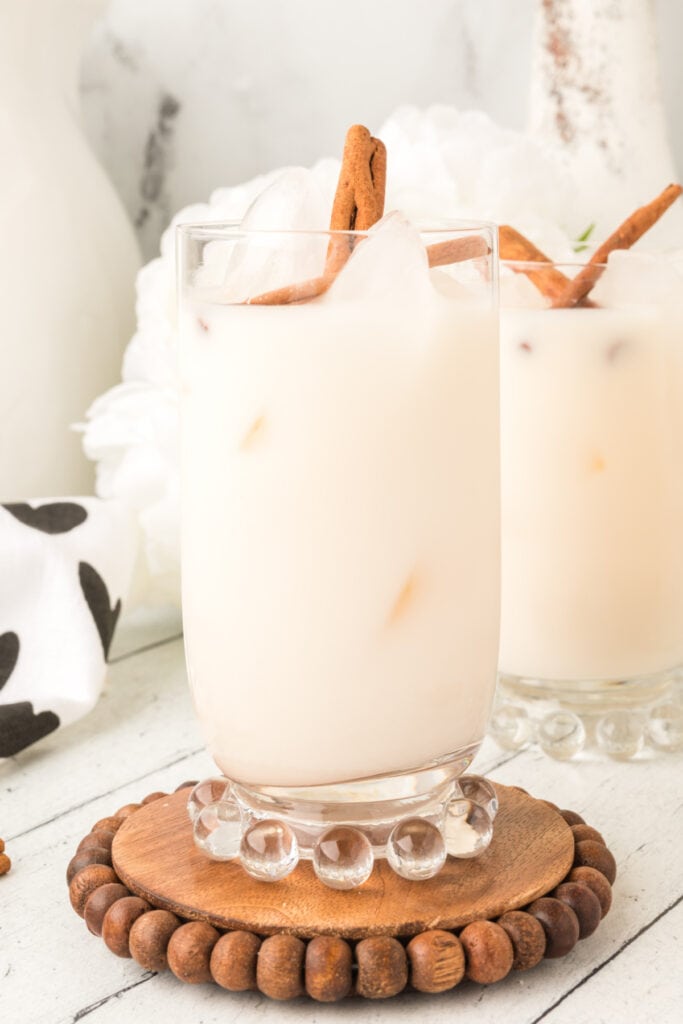 looking straight on at a glass of horchata