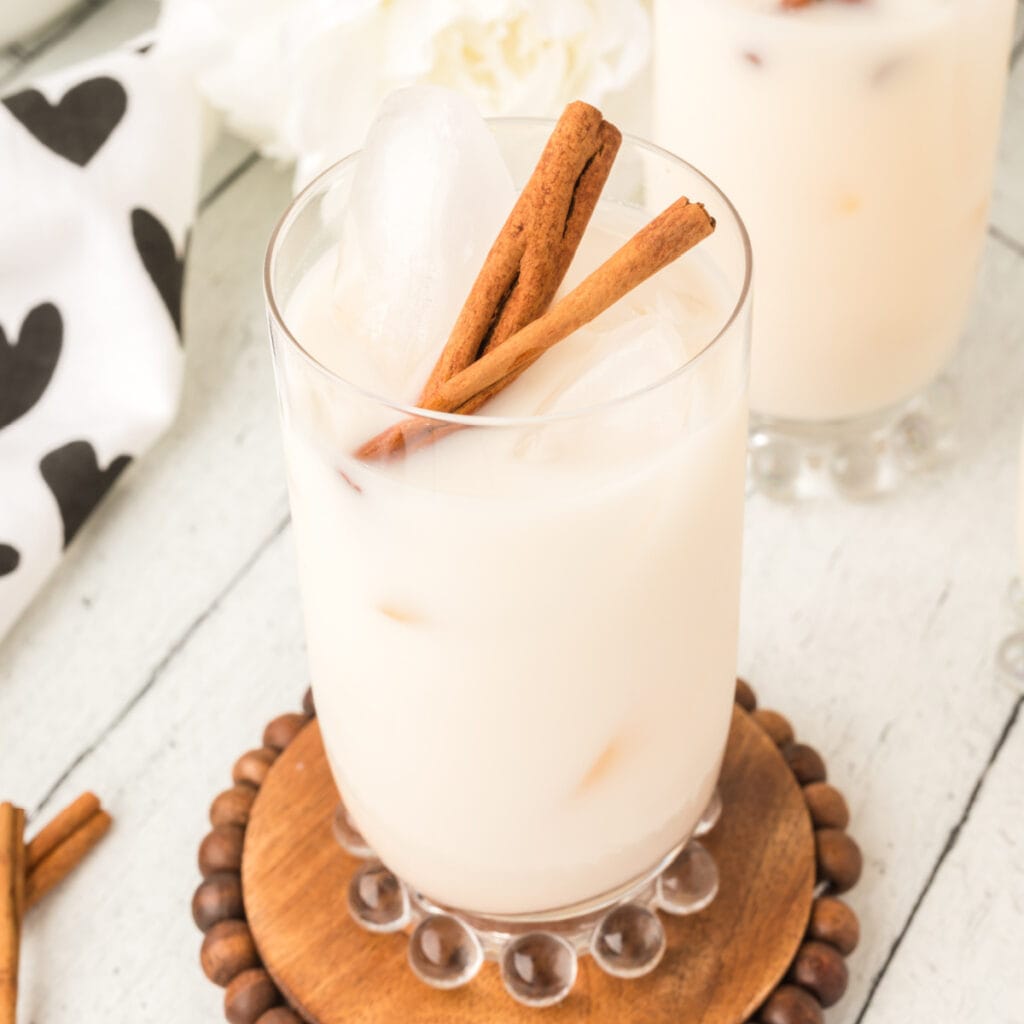 closeup of homemade horchata in glass