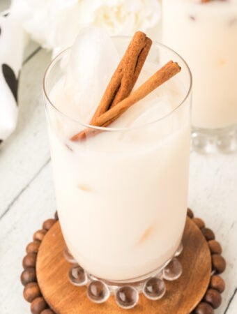 closeup of homemade horchata in glass