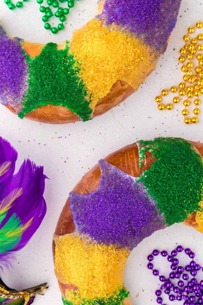 king cake sprinkles with purple, green, and yellow sugar