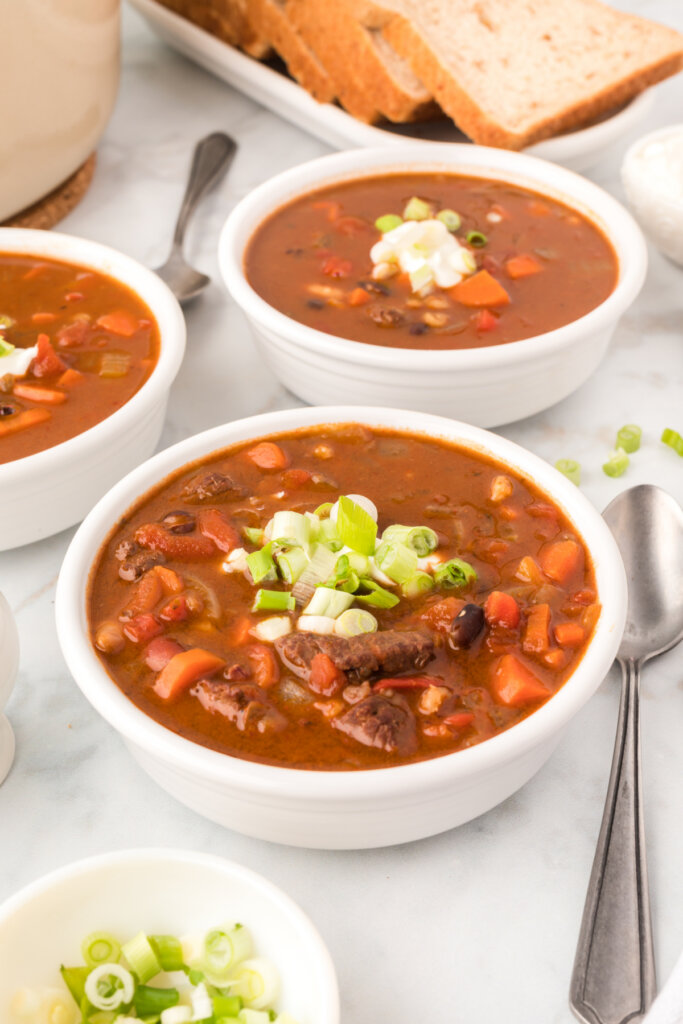 bowls of southwest beef bean and barley soup