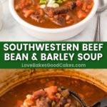 southwest beef bean and barley soup pin collage