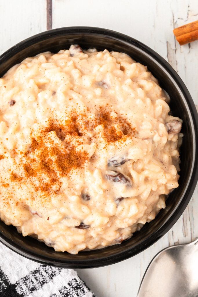 looking down into a bowl with rice pudding