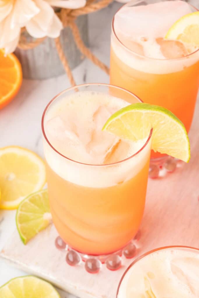Close-up of homemade Cactus Cooler drink recipe with citrus garnish, frothy top, and layered orange-pineapple colors