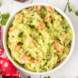 looking down into a bowl of guacamole