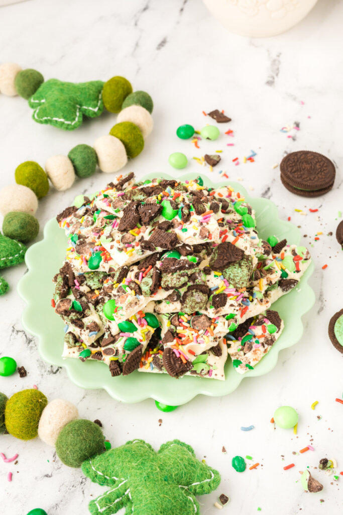 loaded leprechaun mint bark on mint green plate