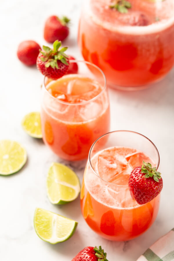 looking down into two glasses of strawberry agua fresca