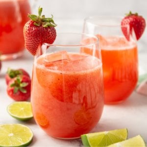 two glasses of strawberry agua fresca