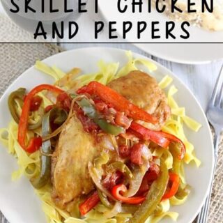 Skillet Chicken and Peppers Dinner Recipe with Star Butter Flavored Olive Oil on a white plate.