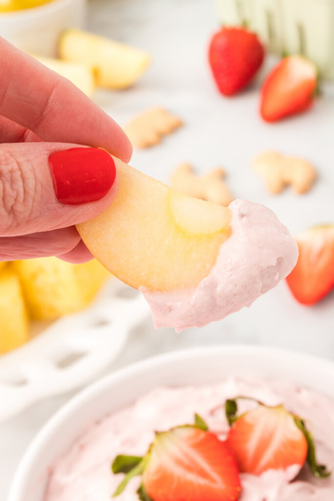 apple slice with strawberry cream cheese dip