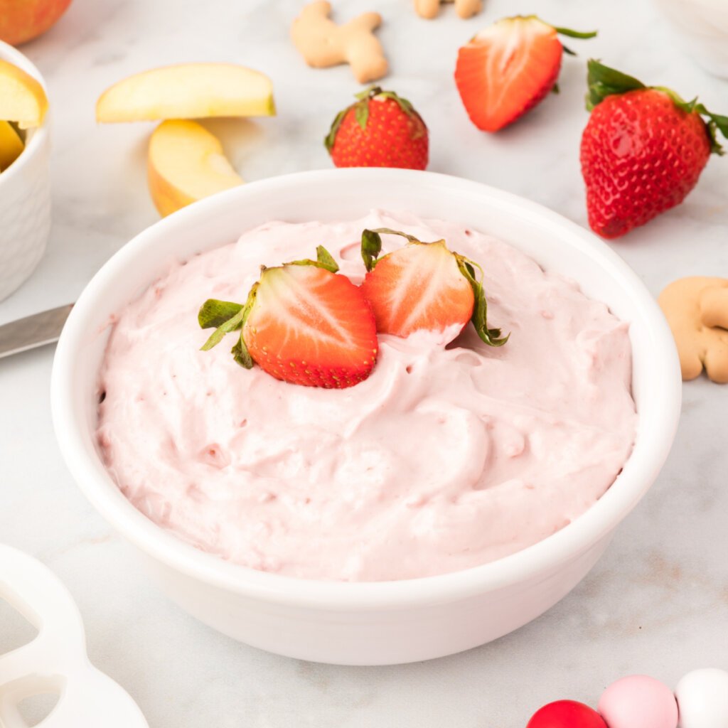 strawberry cream cheese fruit dip in bowl
