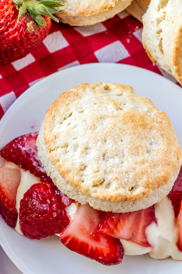 overhead of strawberry shortcake with lemon cream sauce on plate