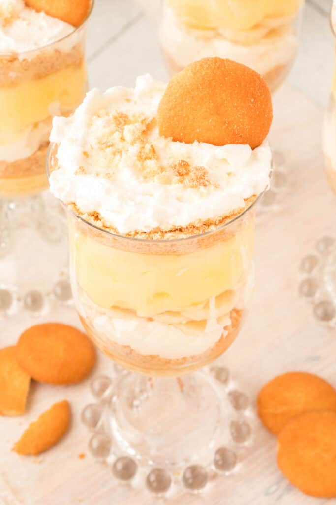 banana pudding parfait in a glass dessert cup topped with whipped cream, cookie crumbs, and a Nilla wafer with cookies scattered around