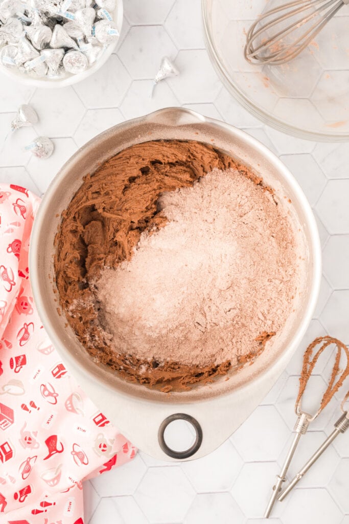 Chocolate Blossoms dough with remaining dry ingredients added to the bowl