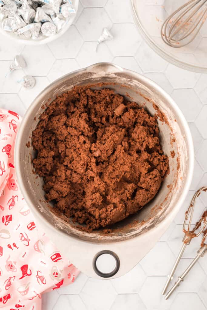 Thick Chocolate Blossoms cookie dough fully mixed and ready to chill before baking