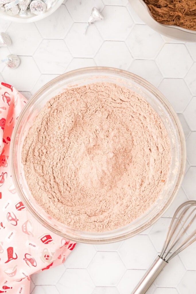 Dry ingredients whisked together for Chocolate Blossoms cookie dough