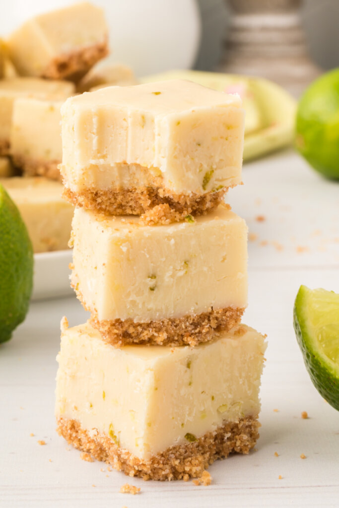 three pieces of key lime pie fudge stacked on top of each other