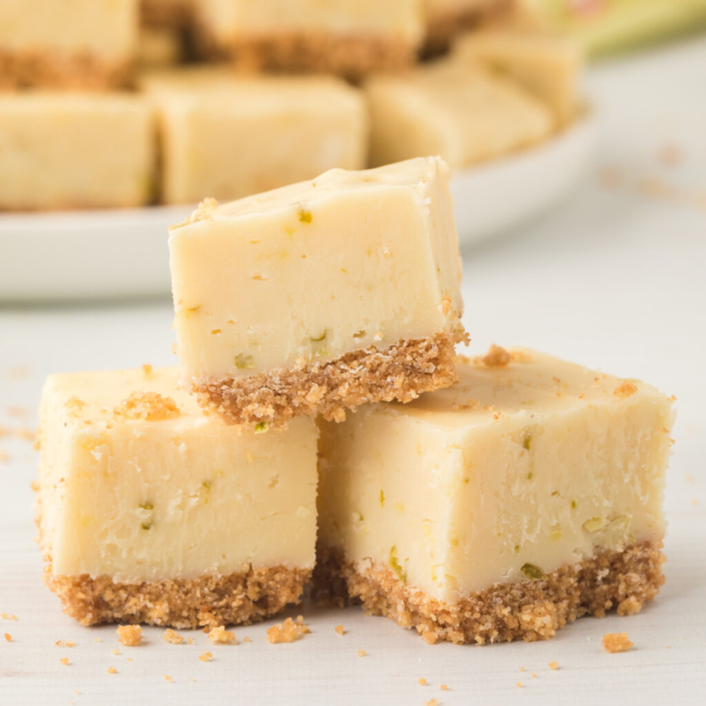 three pieces of fudge stacked in a triangle shape