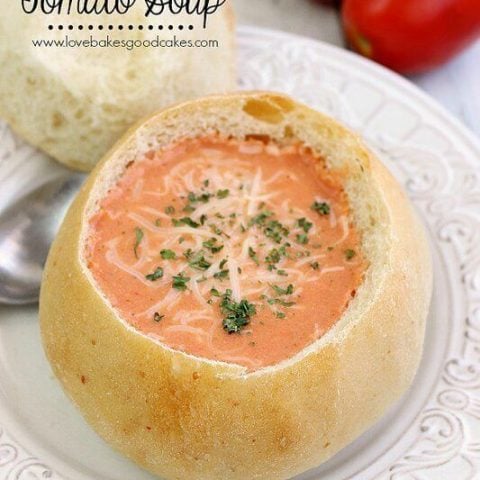 {Slow Cooker} Creamy Italian Parmesan Tomato Soup with Parmesan Bread Bowls