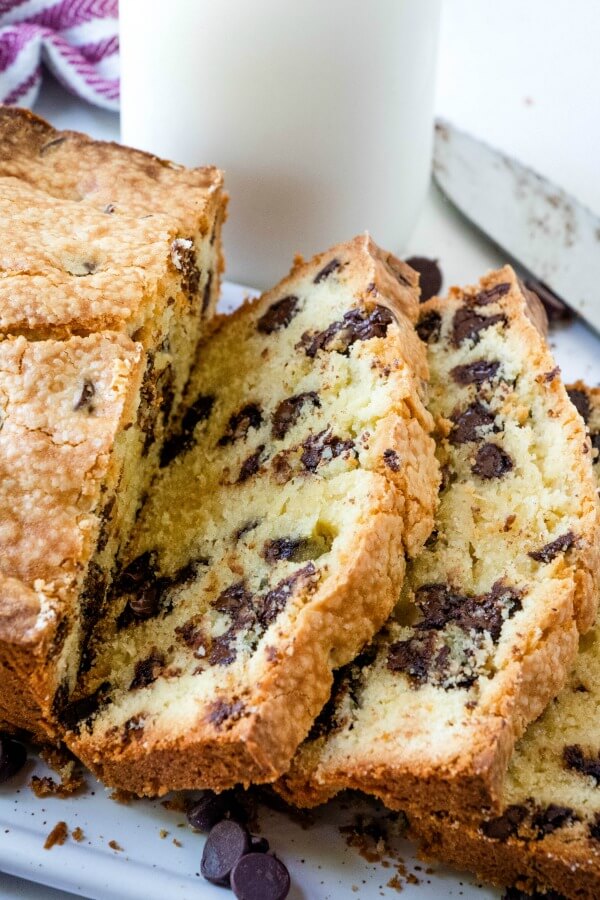 sliced loaf of chocolate chip pound cake