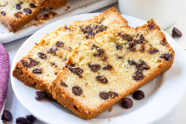 two slices of Chocolate Chipound Cake on white plate