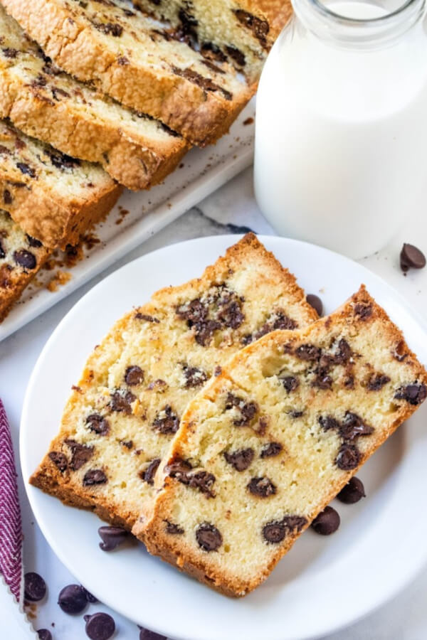 two slices of chocolate chip pound cake on white plate