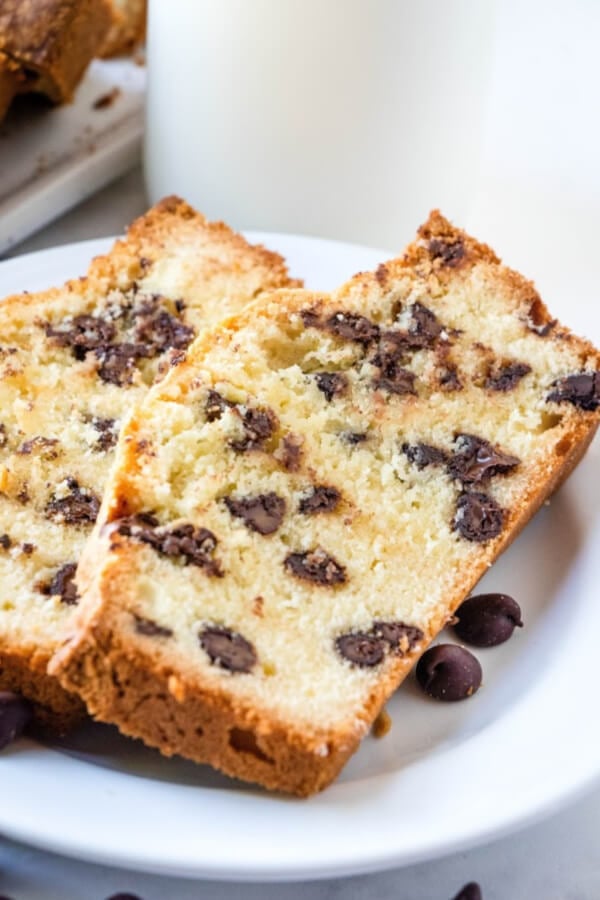 slices of chocolate chip pound cake on white plate