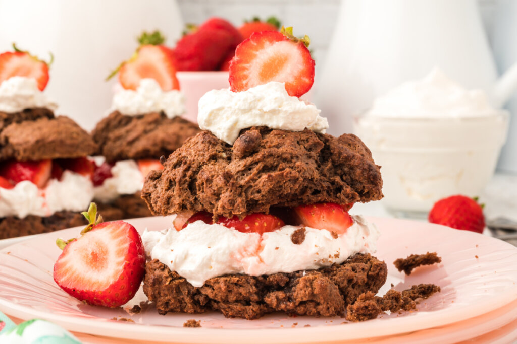 chocolate strawberry shortcake on pink plate