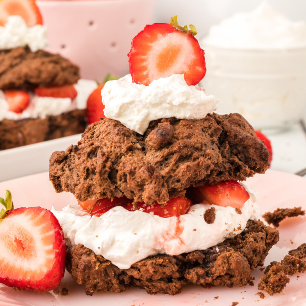 finished chocolate strawberry shortcake on pink plate