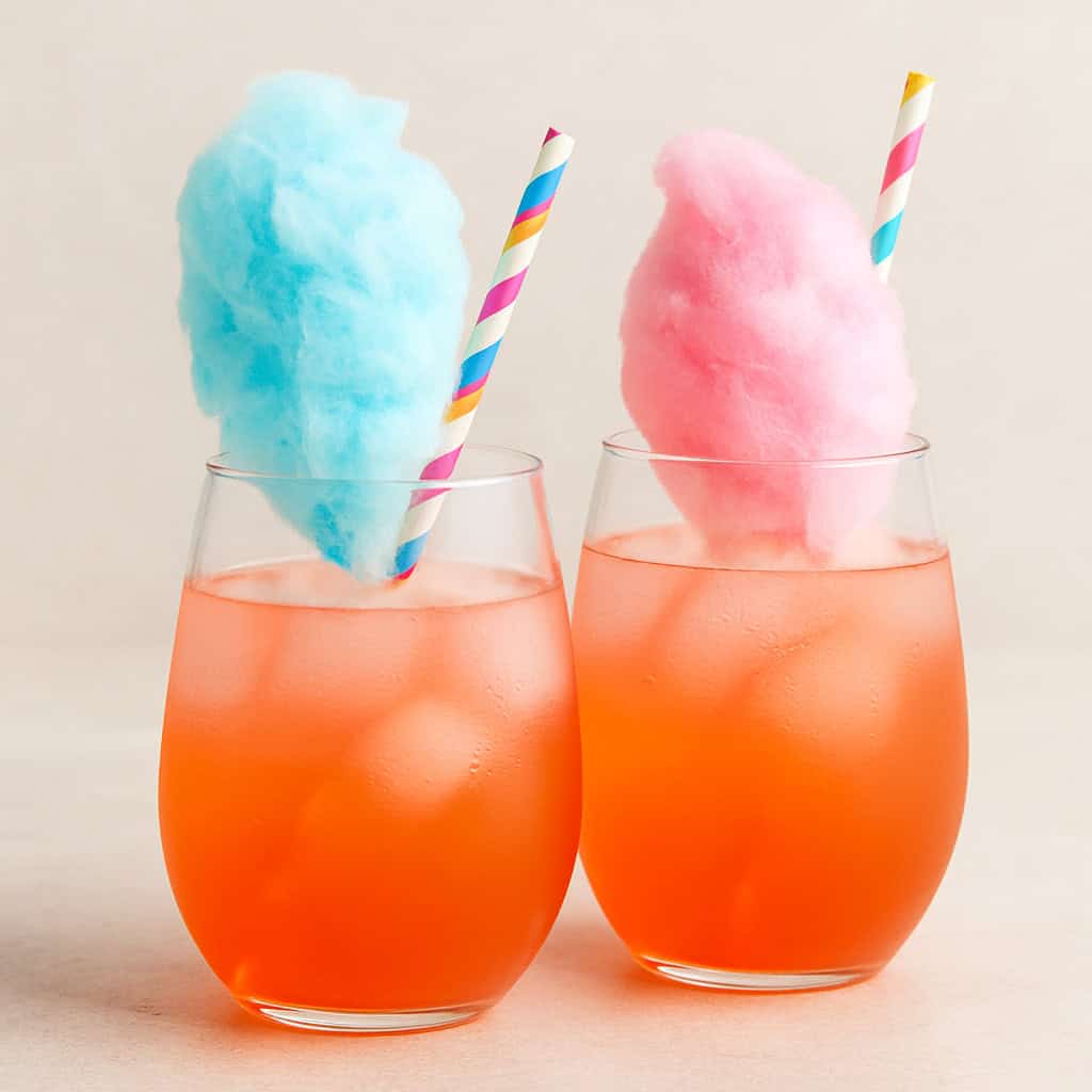 two cotton candy margaritas with straws on a neutral background
