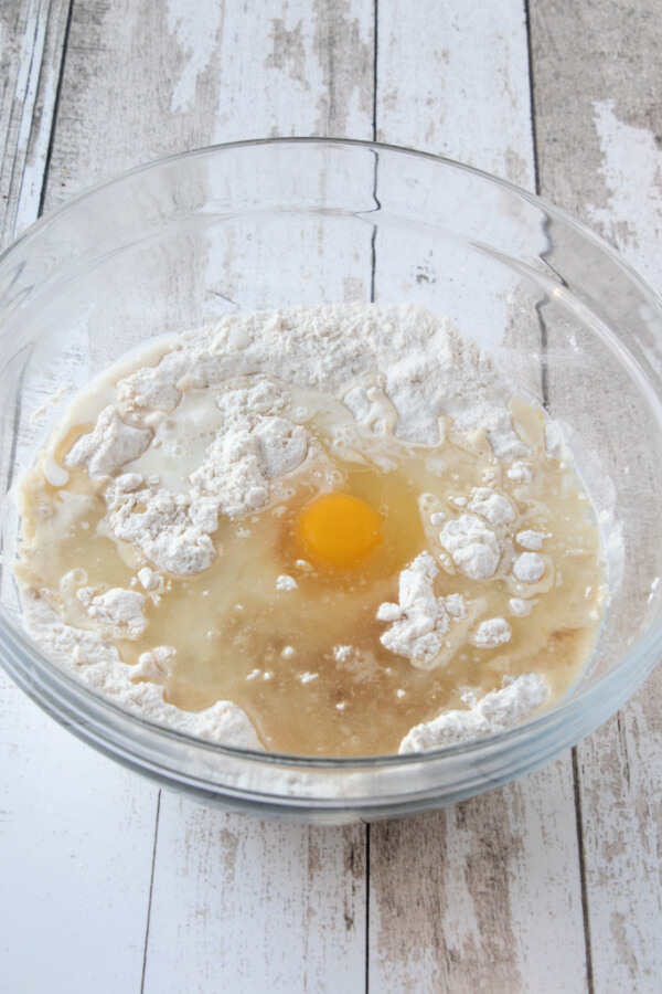 wet ingredients added to the mixed dry ingredients