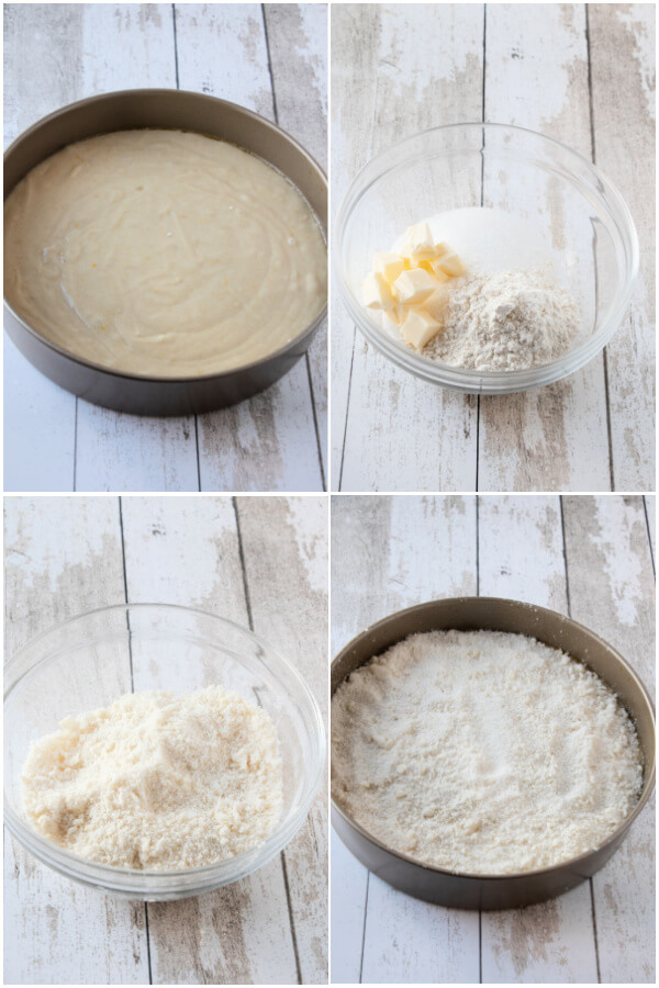 batter in the pan and preparing the streusel topping and placing it over the batter in the pan