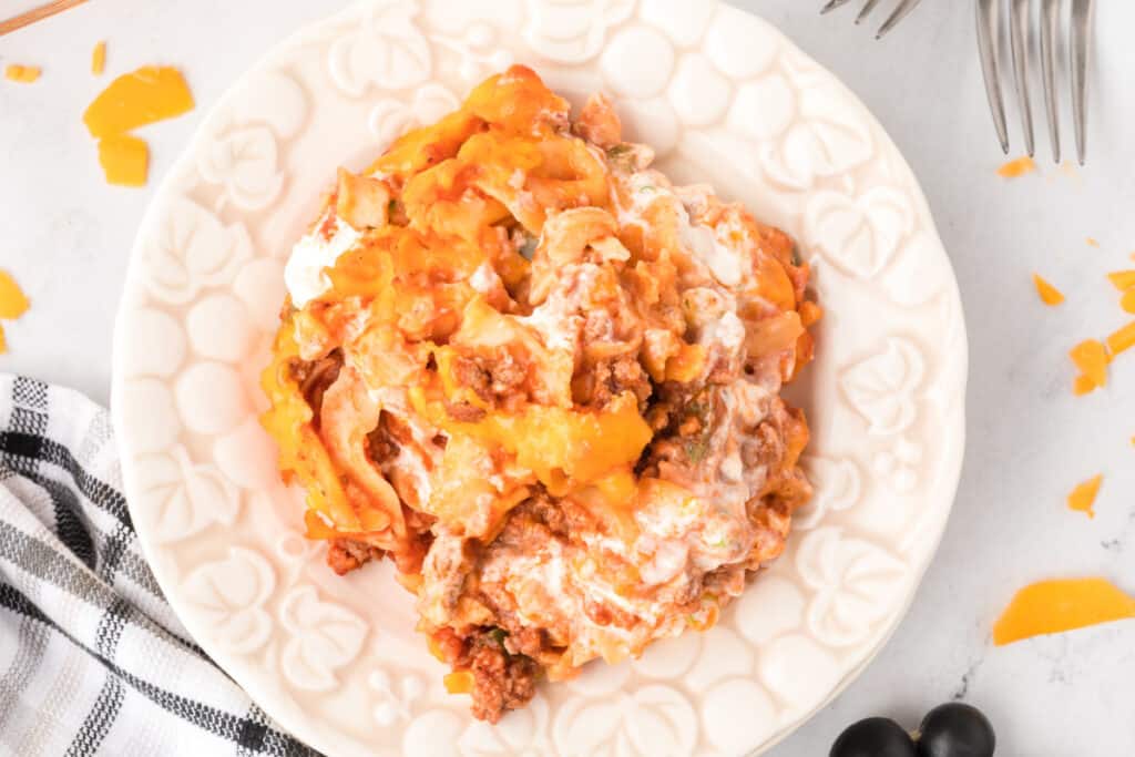 serving of beefy sour cream noodle bake on a plate
