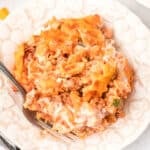 close-up of a serving of beefy sour cream noodle bake on a plate with a fork