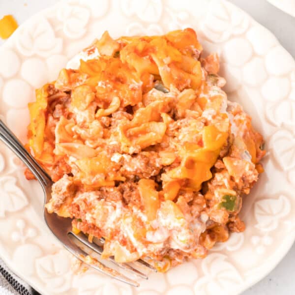 close-up of a serving of beefy sour cream noodle bake on a plate with a fork