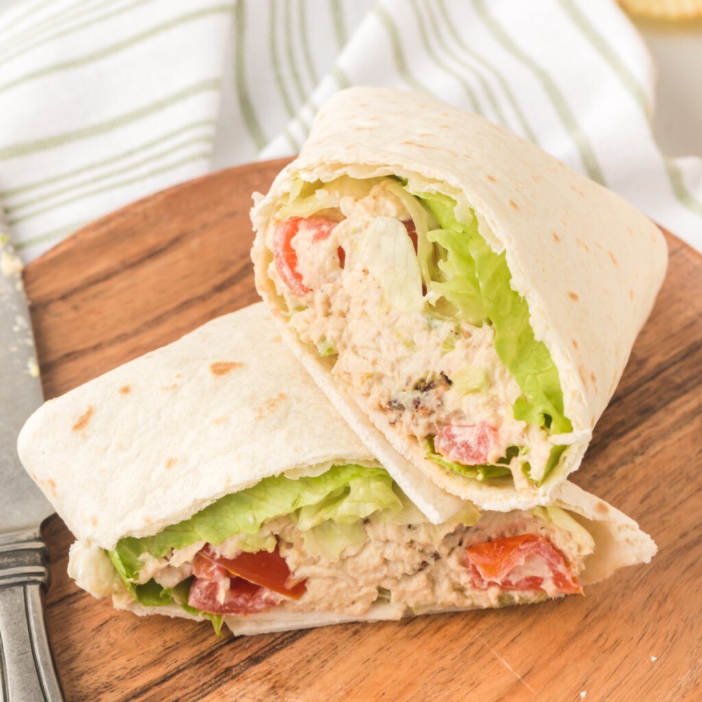 blt avocado chicken salad wrap cut in half to see the inside