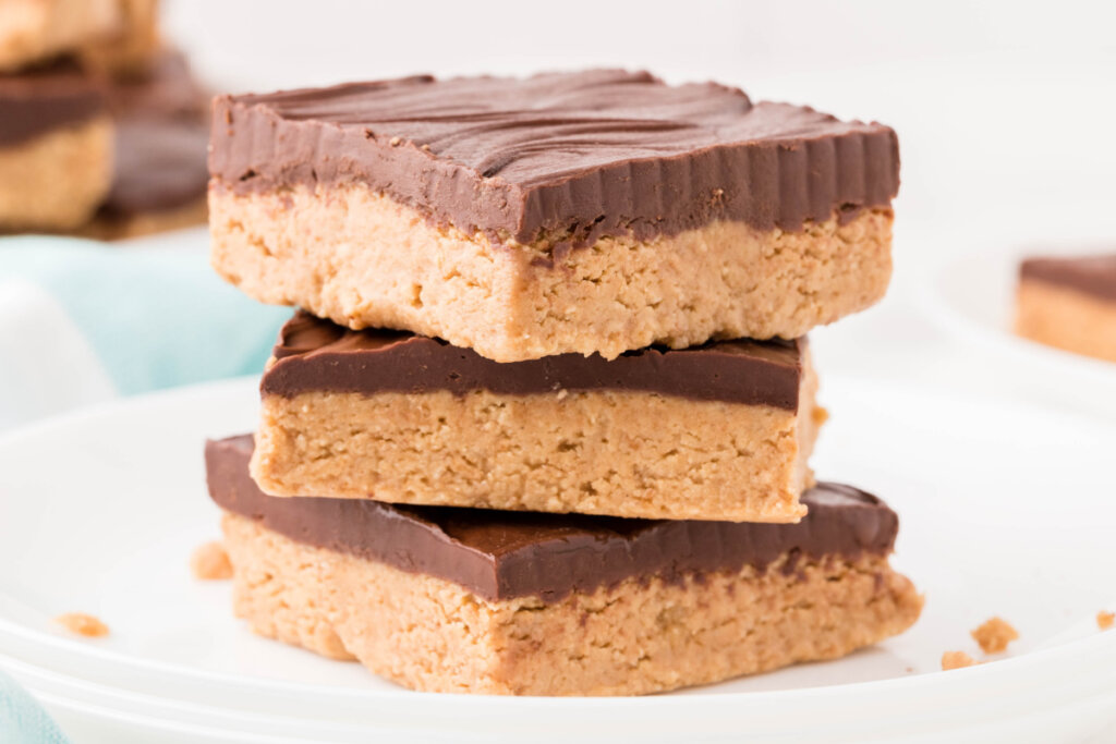 chocolate peanut butter bars stacked