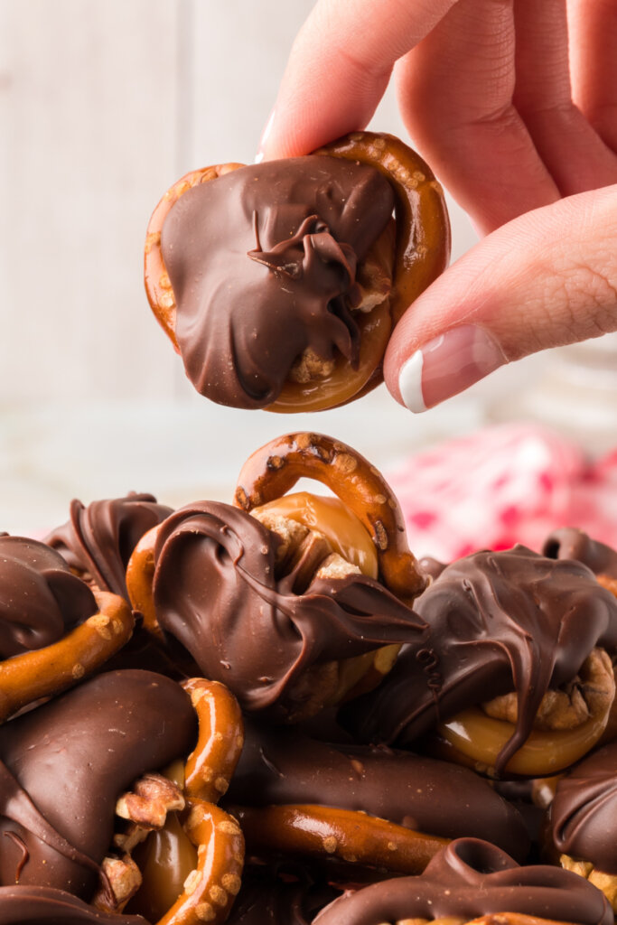 closeup of chocolate turtle candy