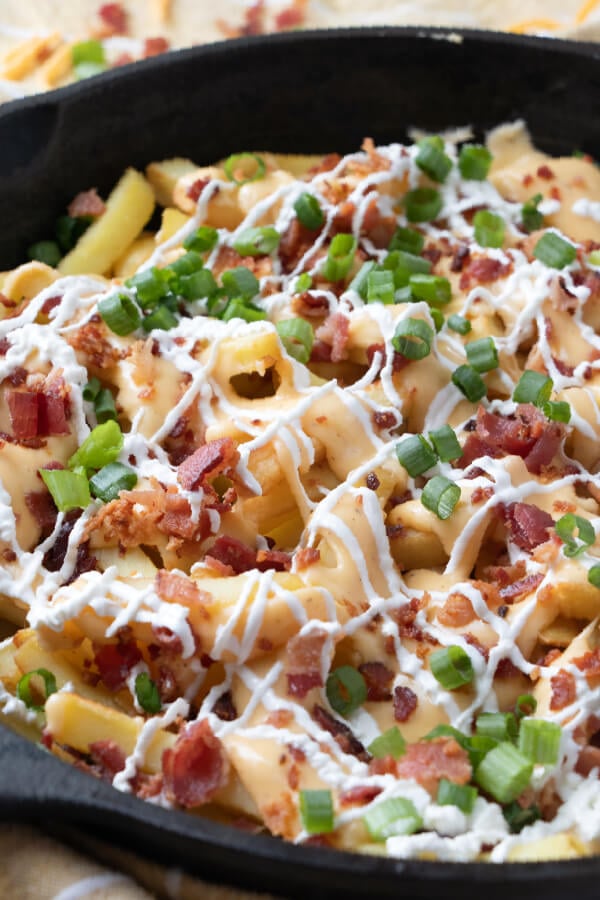 closeup of cheese fries with bacon in cast iron skillet