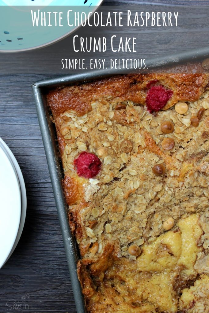 White chocolate raspberry crumb cake in a baking pan.