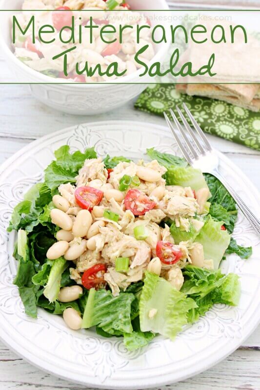 Mediterranean Tuna Salad on a white plate with a fork.