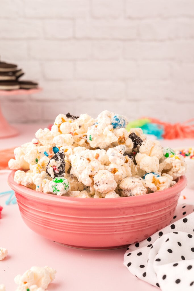 bowl filled with popcorn snack mix