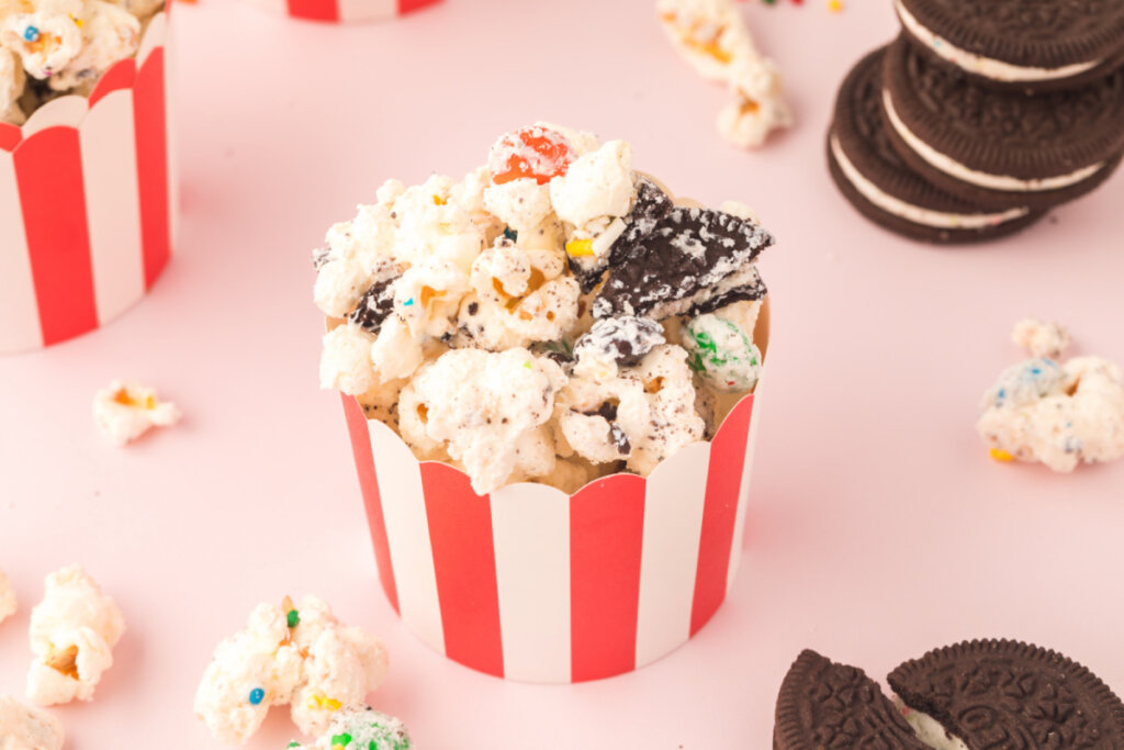 birthday cake popcorn mix in small party cup
