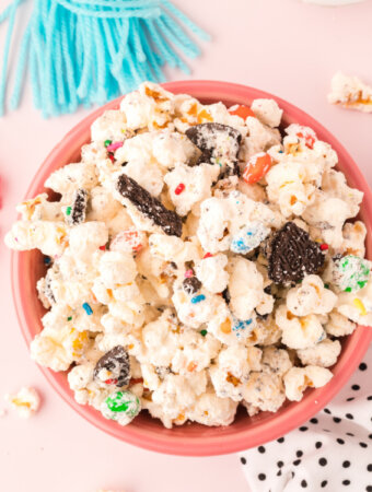 bowl filled with birthday cake popcorn mix