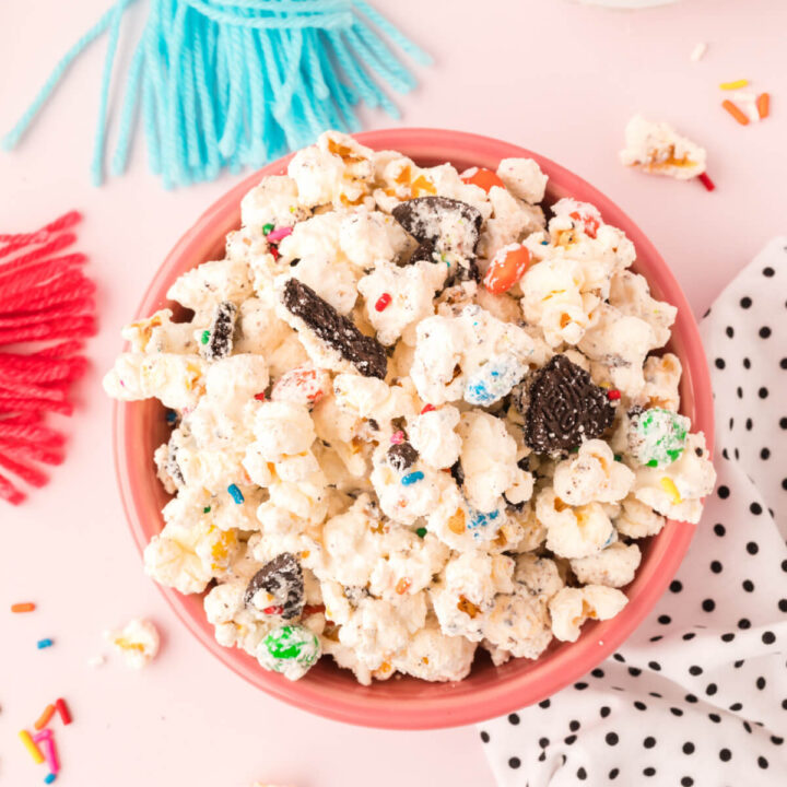 bowl filled with birthday cake popcorn mix