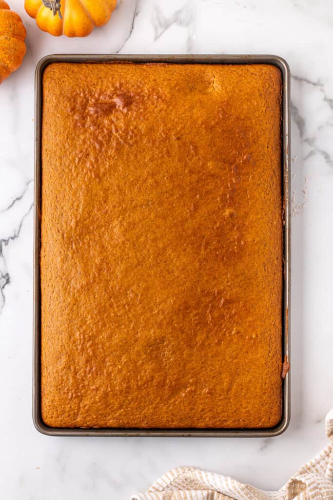 Fully baked pumpkin bars cooling in the baking pan on a marble countertop.