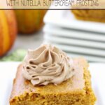 Pumpkin Bars with Nutella Buttercream Frosting on a white plate.