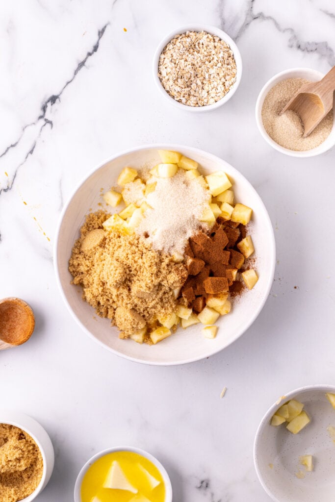 Bowl of chopped apples mixed with brown sugar, granulated sugar, cinnamon, and melted butter.