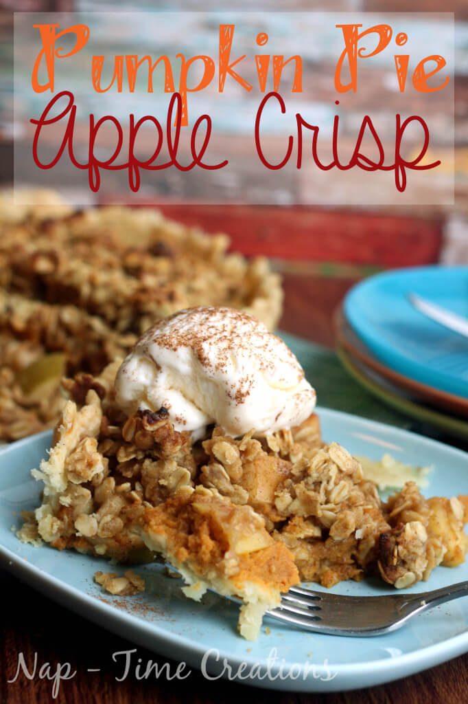 Pumpkin Pie Apple Crisp on a blue plate with a fork.